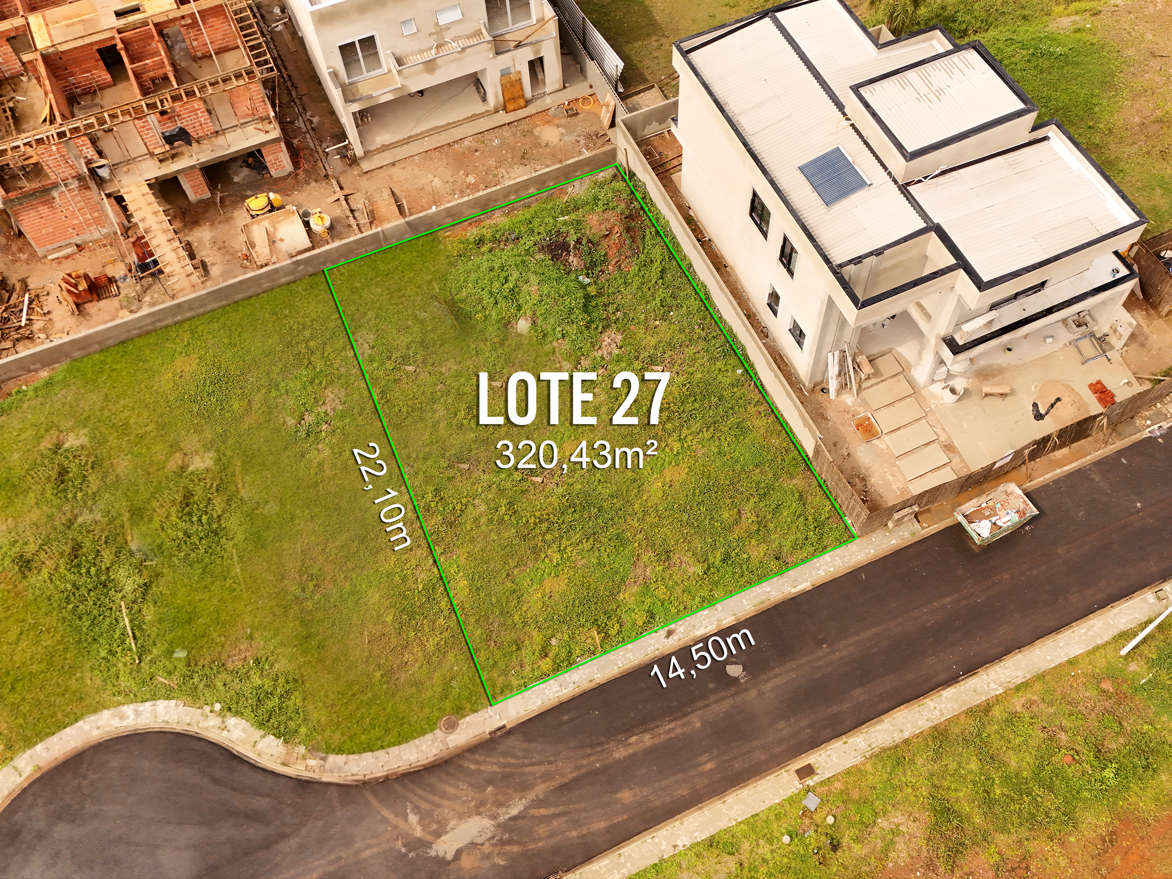 Vista aérea do Lote 27 demarcado no Casa Volpi Residencial Premium, 320,43m²