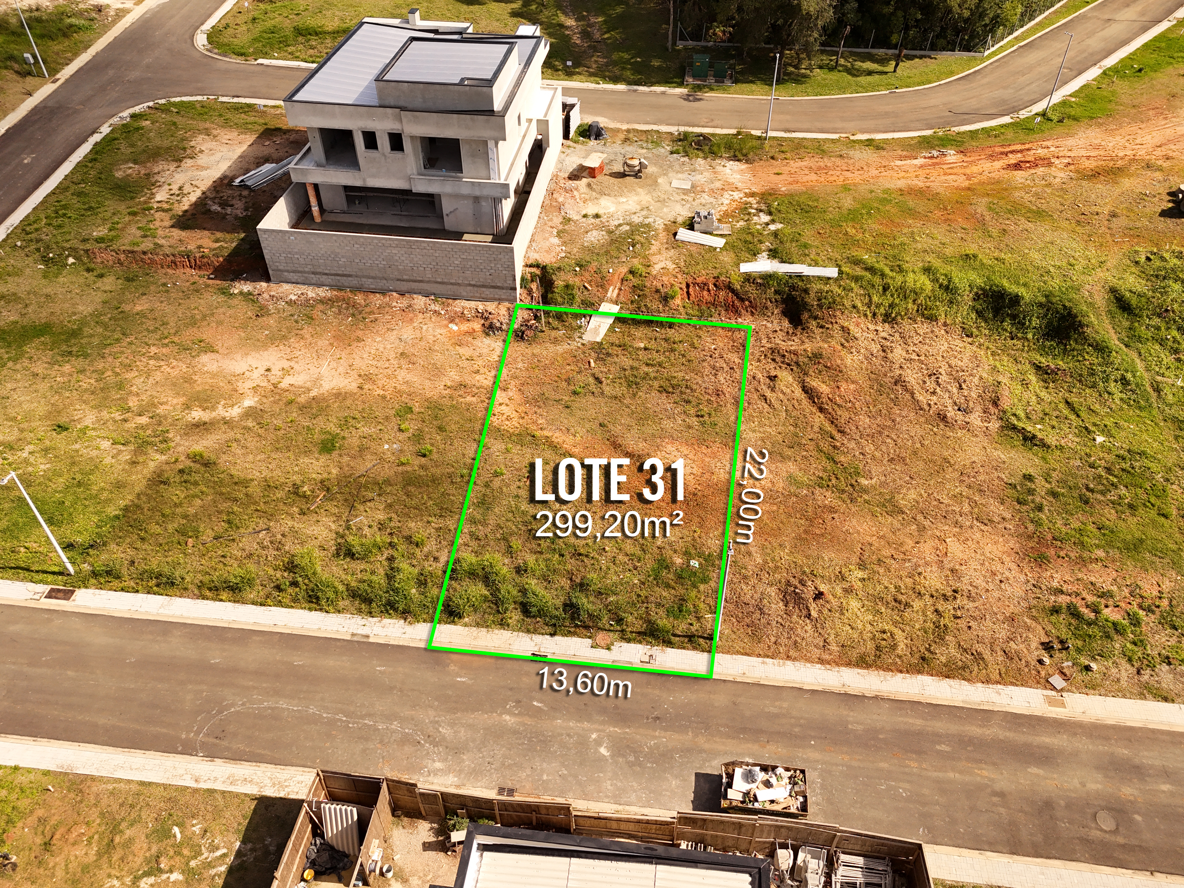 Vista aérea do Lote 31 demarcado no Casa Volpi Residencial Premium, 299,20m²