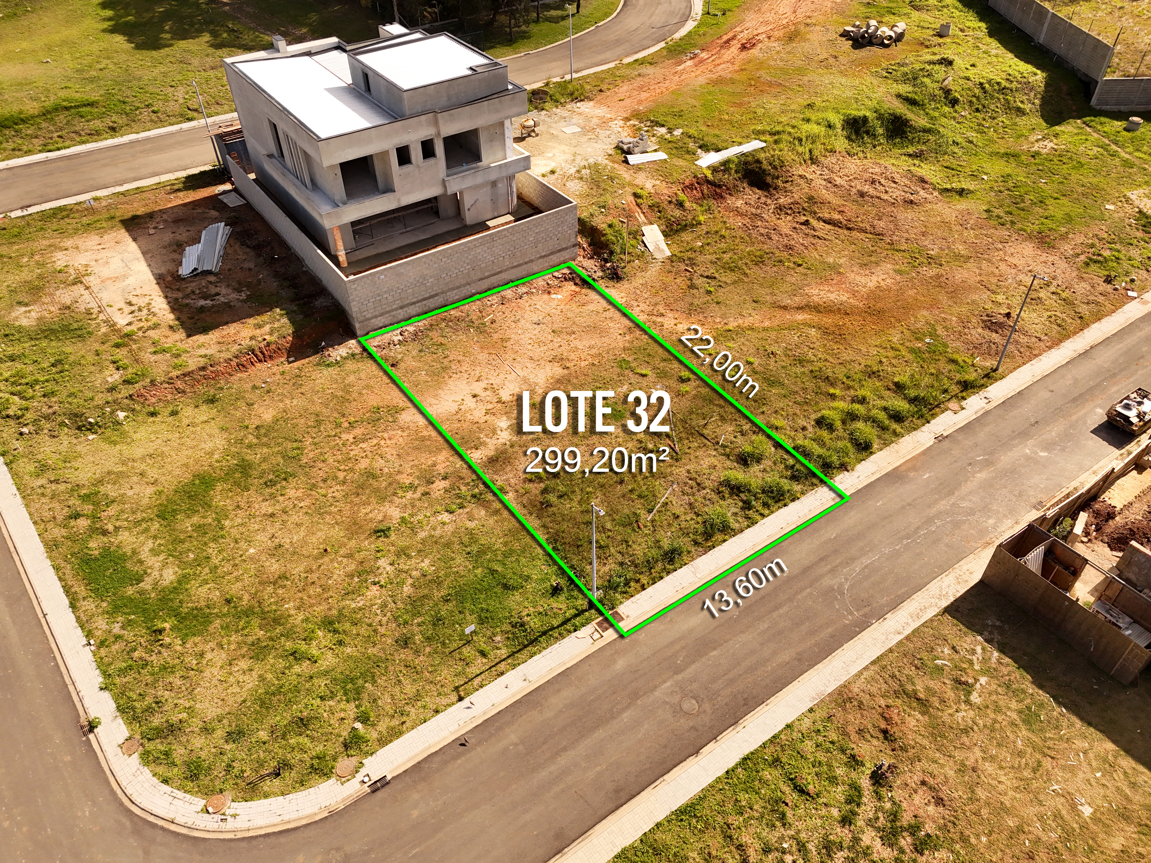 Vista aérea do Lote 32 demarcado no Casa Volpi Residencial Premium, 299,20m²